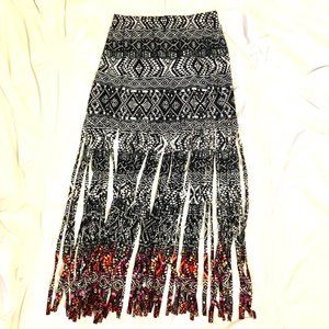 Patterned Maxi Fringe Skirt